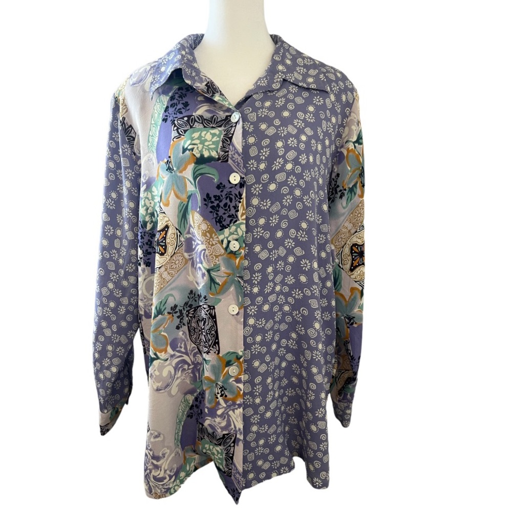 KOOS Of Course 100% Silk Women’s Button Down Blouse Size L Floral/Purple Print